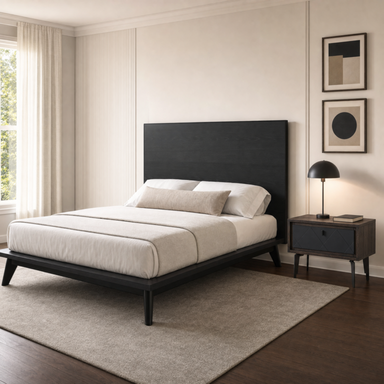 Sloane Bed and Christopher Nightstand in a warm, neutral bedroom