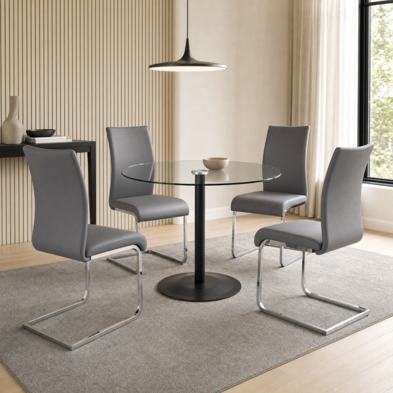 Ava 36-inch Bistro Table and gray Epifania chairs in a softly lit dining area