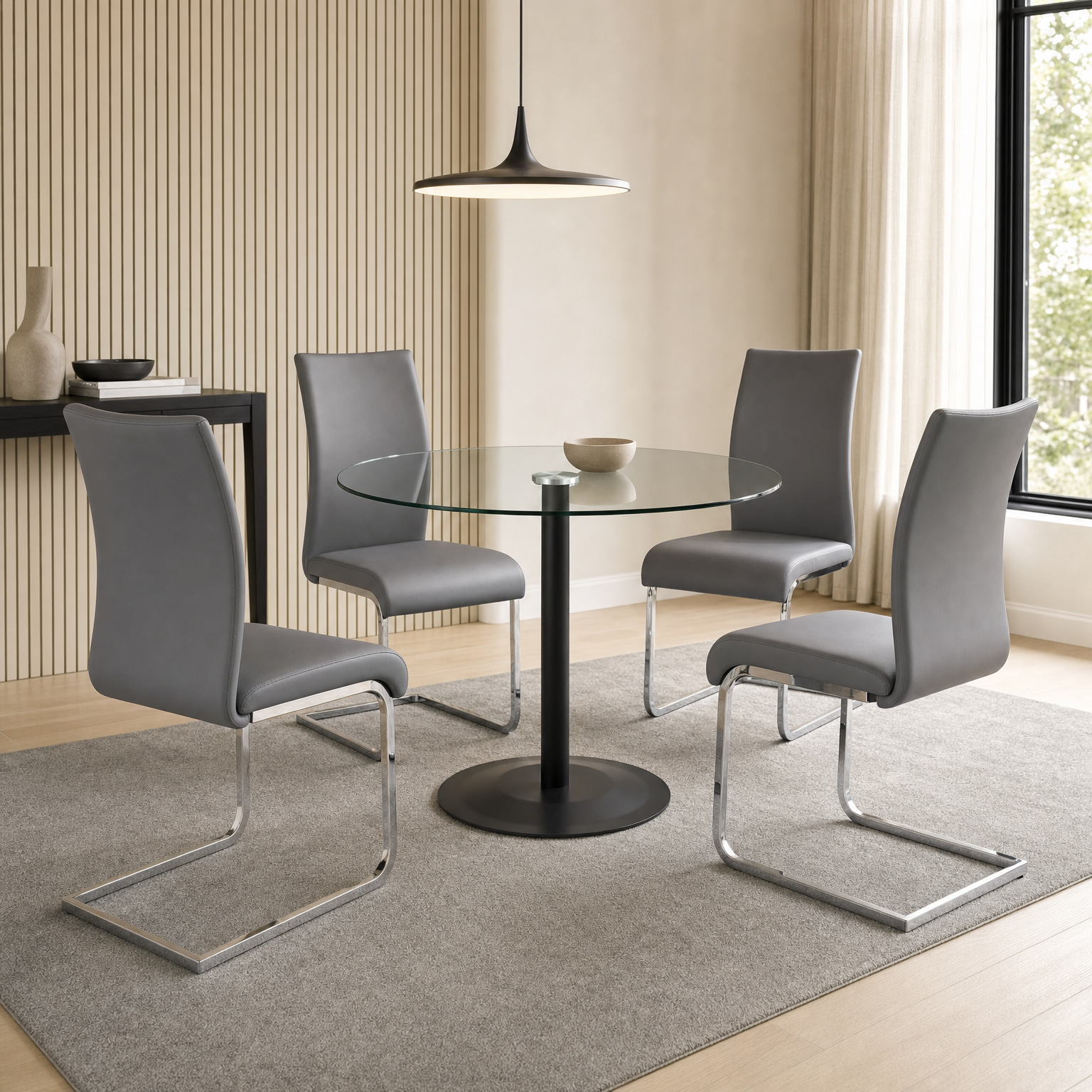 Ava 36-inch Bistro Table and gray Epifania chairs in a softly lit dining area